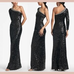 NWT $1095 Sachin & Babi [ 6 ] Greta Sequined One‎ Shoulder Gown in Black J1563